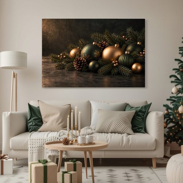 Quadro su tela – Sfere natalizie in armonia dorata