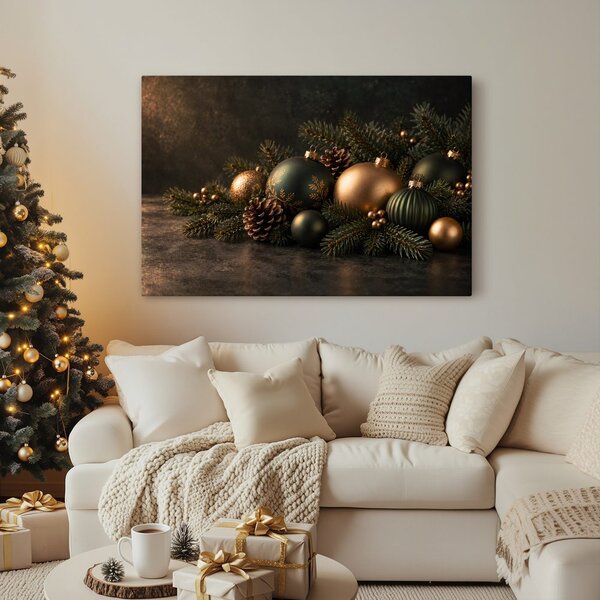 Quadro su tela – Sfere natalizie in armonia dorata