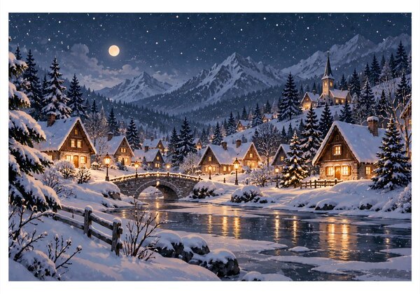 Quadro su tela – Villaggio di montagna invernale di notte