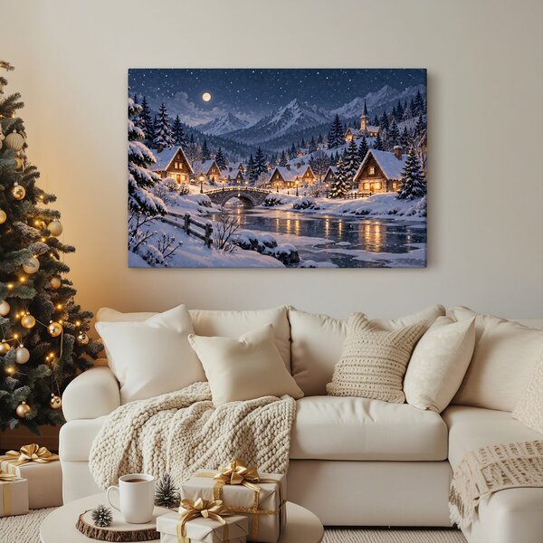 Quadro su tela – Villaggio di montagna invernale di notte
