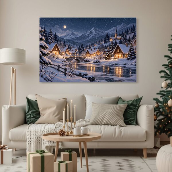 Quadro su tela – Villaggio di montagna invernale di notte