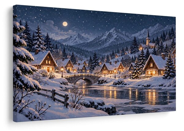 Quadro su tela – Villaggio di montagna invernale di notte