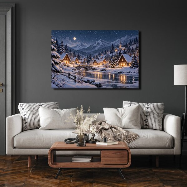 Quadro su tela – Villaggio di montagna invernale di notte
