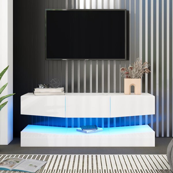 Mobile Porta TV Sospeso Moderno con Illuminazione LED, 3 Ripiani, in Truciolare, 180x40 cm - Mobiletto Porta TV Particolare, Bianco