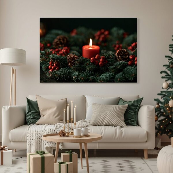 Quadro su tela – Candela natalizia tra gli aghi di pino