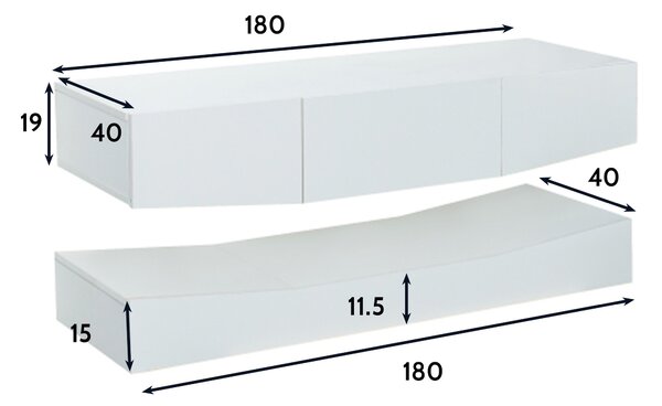 Mobile Porta TV Sospeso Moderno con Illuminazione LED, 3 Ripiani, in Truciolare, 180x40 cm - Mobiletto Porta TV Particolare, Bianco