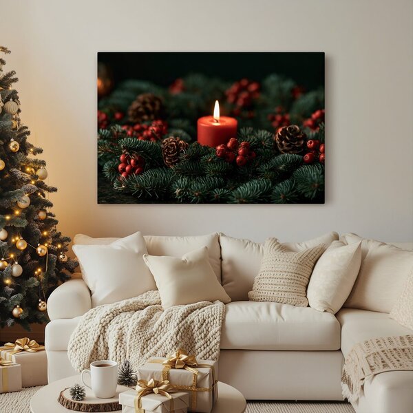 Quadro su tela – Candela natalizia tra gli aghi di pino