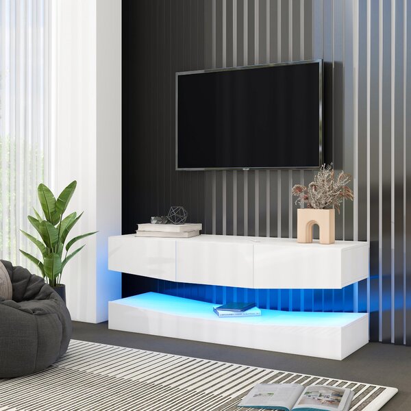 Mobile Porta TV Sospeso Moderno con Illuminazione LED, 3 Ripiani, in Truciolare, 180x40 cm - Mobiletto Porta TV Particolare, Bianco
