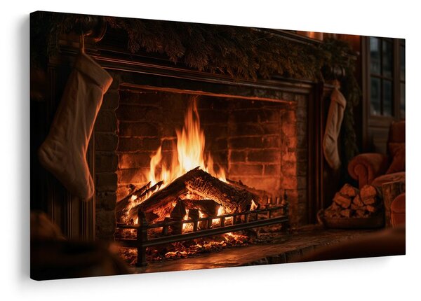 Quadro su tela – Accogliente camino natalizio con fuoco