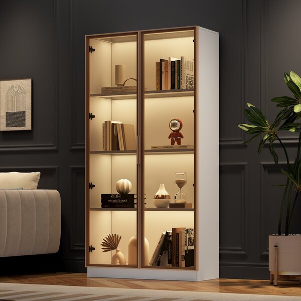 Set di Vetrine Moderne per Soggiorno con Illuminazione LED e Ripiani Regolabili, in Vetro, 80x40x160 cm + 70x35x150 cm - Credenza Moderna per Soggiorno, Bianco