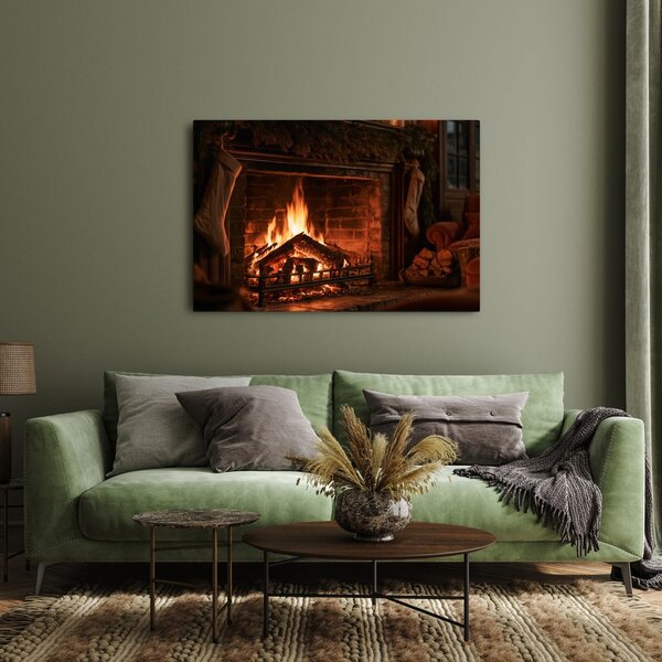 Quadro su tela – Accogliente camino natalizio con fuoco