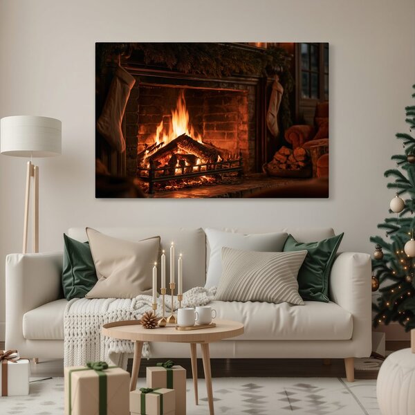 Quadro su tela – Accogliente camino natalizio con fuoco