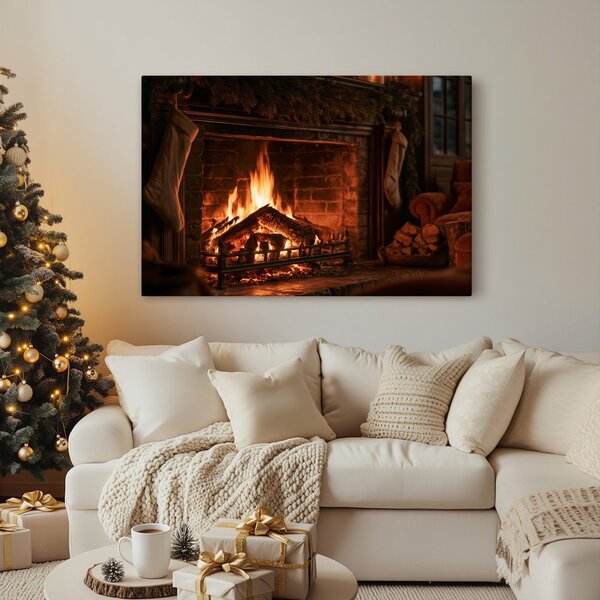 Quadro su tela – Accogliente camino natalizio con fuoco