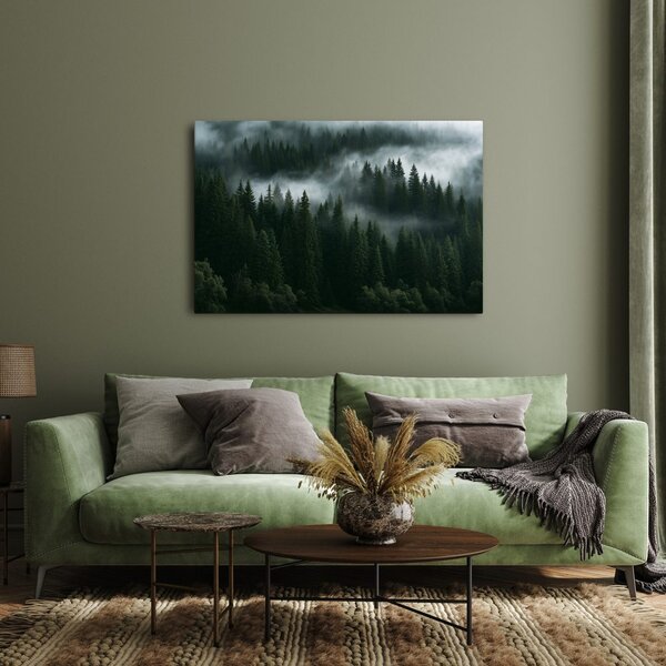 Quadro su tela – Foresta di conifere nella nebbia