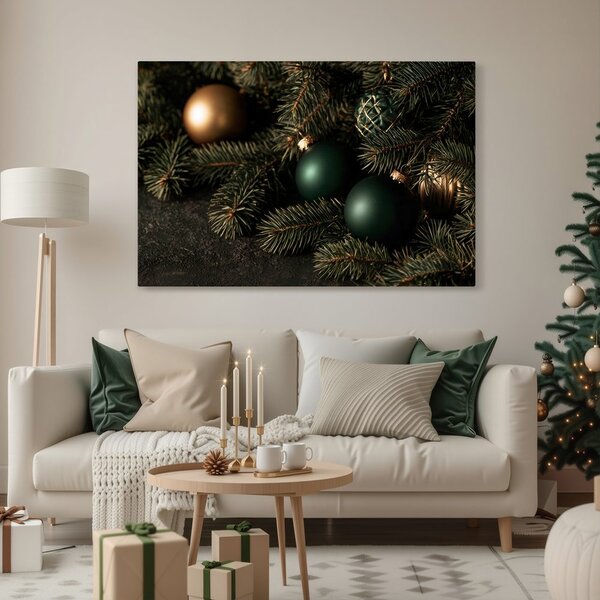 Quadro su tela – Addobbi natalizi scuri sui rami di conifera