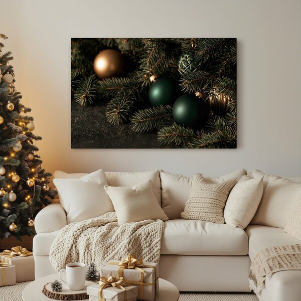 Quadro su tela – Addobbi natalizi scuri sui rami di conifera