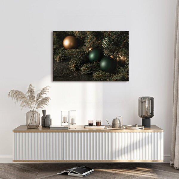 Quadro su tela – Addobbi natalizi scuri sui rami di conifera