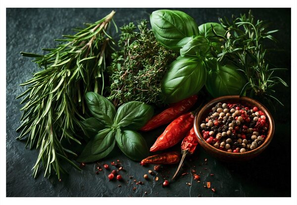 Quadro su tela – Erbe aromatiche e spezie sul tavolo