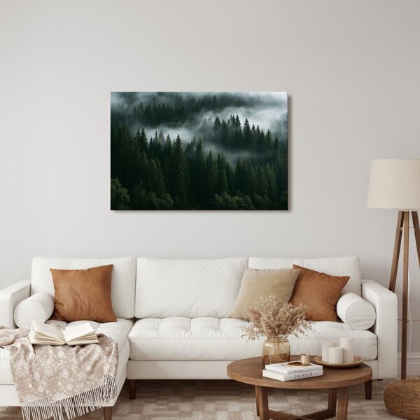 Quadro su tela – Foresta di conifere nella nebbia