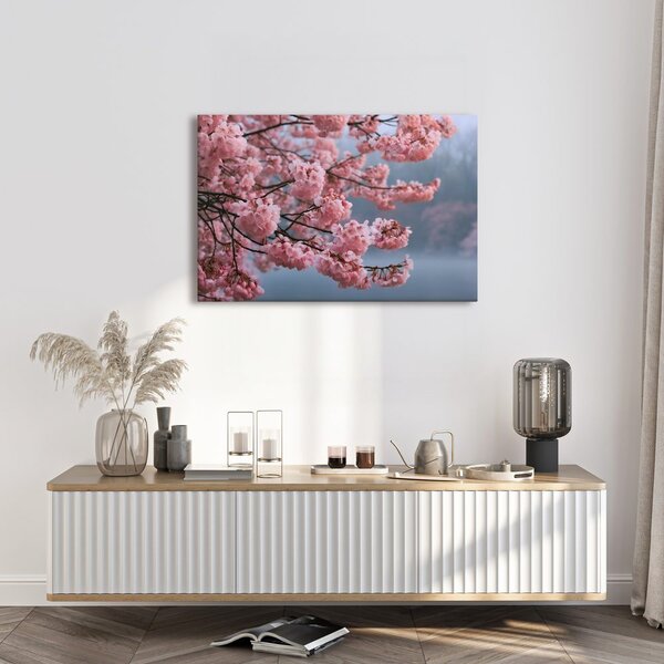 Quadro su tela – Fiori di ciliegio rosa nella nebbia
