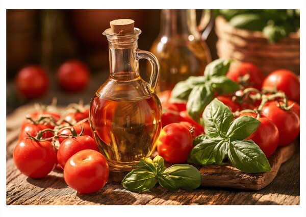 Quadro su tela – Pomodori, basilico e olio d’oliva