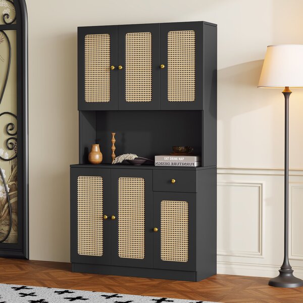 Credenza Alta in Rattan con 6 Ante e Cassetto Centrale Aperto, Ideale per Soggiorno e Ingresso, Credenza Moderna per Soggiorno e Cucina, Nero
