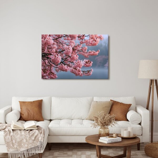 Quadro su tela – Fiori di ciliegio rosa nella nebbia