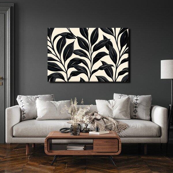 Quadro su tela – Foglie nere grafiche su beige