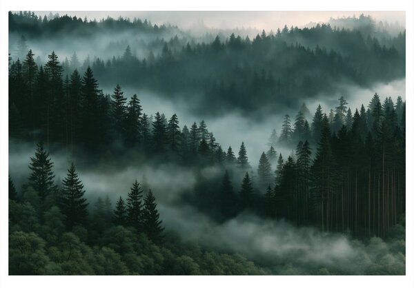 Quadro su tela – Foresta montana di conifere nella nebbia