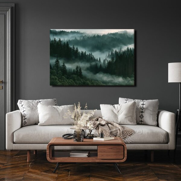 Quadro su tela – Foresta montana di conifere nella nebbia
