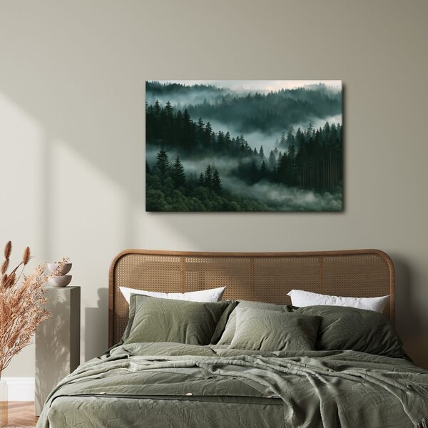 Quadro su tela – Foresta montana di conifere nella nebbia