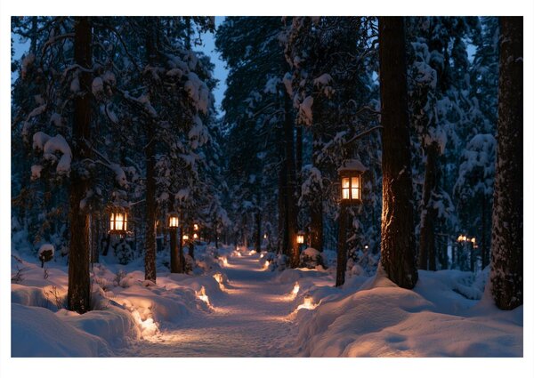 Quadro su tela – Sentiero nel bosco innevato con luci