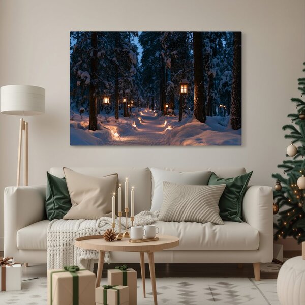 Quadro su tela – Sentiero nel bosco innevato con luci