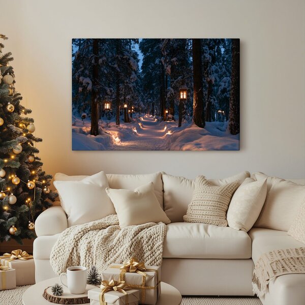 Quadro su tela – Sentiero nel bosco innevato con luci