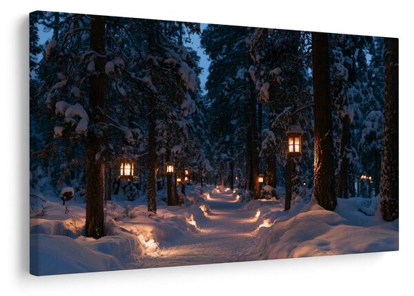 Quadro su tela – Sentiero nel bosco innevato con luci
