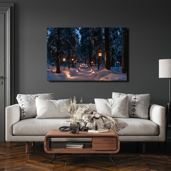 Quadro su tela – Sentiero nel bosco innevato con luci
