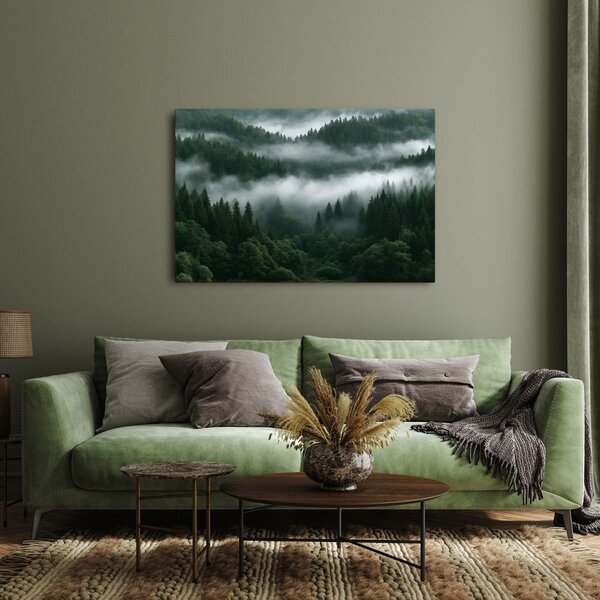 Quadro su tela – Foresta montana nebbiosa all’alba