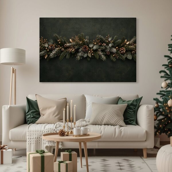 Quadro su tela – Ghirlanda invernale di conifere con pigne
