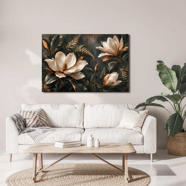 Quadro su tela – Magnolie eleganti nei toni dorati