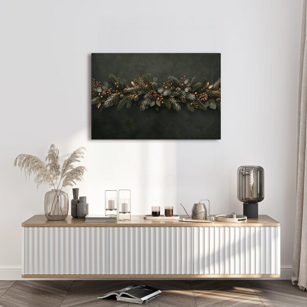 Quadro su tela – Ghirlanda invernale di conifere con pigne