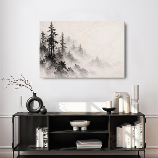 Quadro su tela – Foresta montana nebbiosa a inchiostro