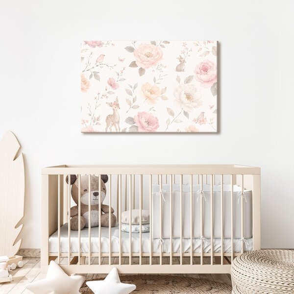 Quadro su tela – Fiori delicati con animali del bosco