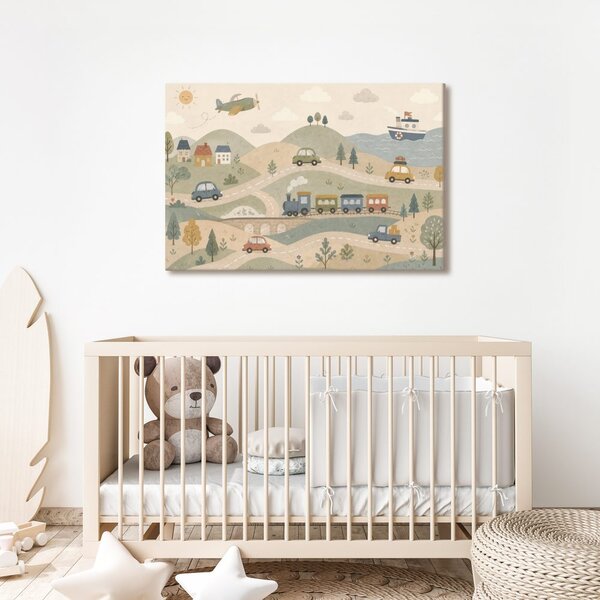 Quadro su tela – Paesaggio infantile con mezzi di trasporto