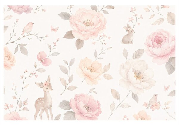 Quadro su tela – Fiori delicati con animali del bosco