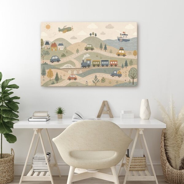 Quadro su tela – Paesaggio infantile con mezzi di trasporto