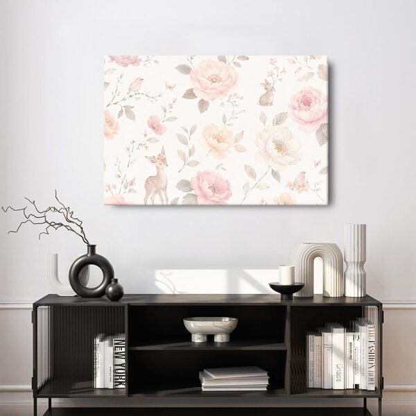Quadro su tela – Fiori delicati con animali del bosco