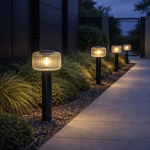 Dissuasore da esterno moderno nero con vetro scanalato con LED solare IP65 - Ribble Mushroom