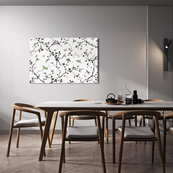 Quadro su tela – Uccelli e farfalle sui rami