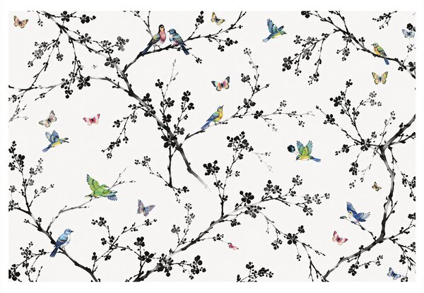 Quadro su tela – Uccelli e farfalle sui rami