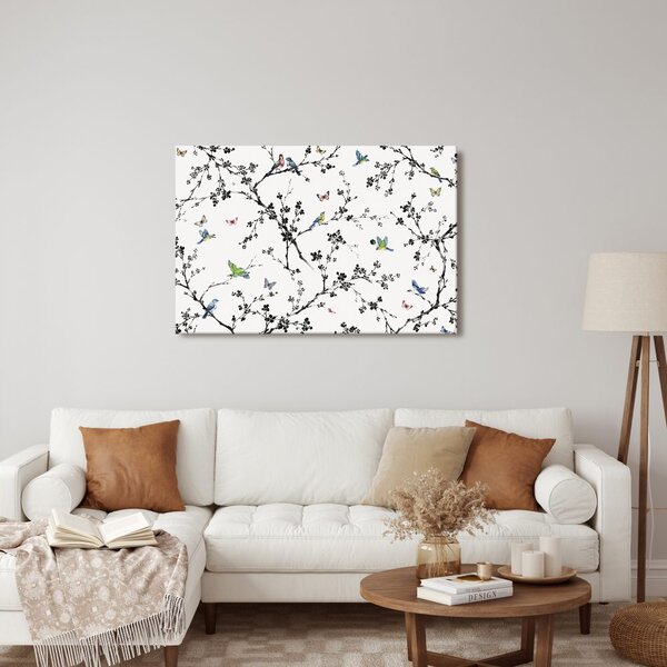 Quadro su tela – Uccelli e farfalle sui rami